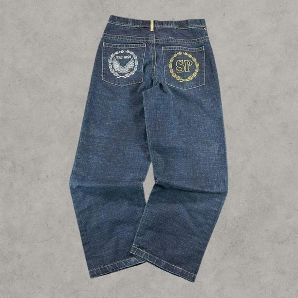 Southpole Jeans Mens 34x30 Blue Y2K Baggy Embroidered Wide-Leg Skater Grunge